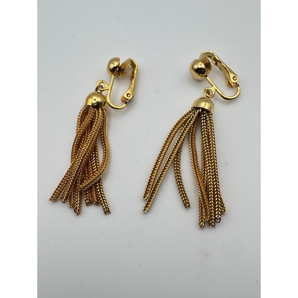 Vintage Tassel Earrings Gold Tone Clip On Fringe Dangle Multi Strand Chain - Picture 3 of 5